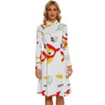 Seamless Pattern Vector Owl Cartoon With Bugs Long Sleeve Shirt Collar A-Line Dress