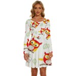 Seamless Pattern Vector Owl Cartoon With Bugs Long Sleeve Wide Neck Velvet Dress