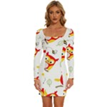 Seamless Pattern Vector Owl Cartoon With Bugs Long Sleeve Square Neck Bodycon Velvet Dress