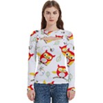 Seamless Pattern Vector Owl Cartoon With Bugs Women s Cut Out Long Sleeve T-Shirt