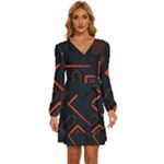 Gradient Geometric Shapes Dark Background Design Long Sleeve Waist Tie Ruffle Velvet Dress