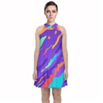 Multicolored Abstract Background Velvet Halter Neckline Dress 