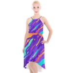 Multicolored Abstract Background High-Low Halter Chiffon Dress 