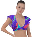 Multicolored Abstract Background Plunge Frill Sleeve Bikini Top