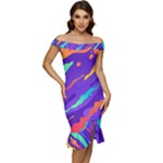 Multicolored Abstract Background Off Shoulder Ruffle Split Hem Bodycon Dress