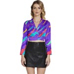 Multicolored Abstract Background Long Sleeve Tie Back Satin Wrap Top