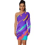 Multicolored Abstract Background Long Sleeve One Shoulder Mini Dress