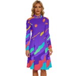 Multicolored Abstract Background Long Sleeve Shirt Collar A-Line Dress
