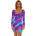 Multicolored Abstract Background Long Sleeve Square Neck Bodycon Velvet Dress