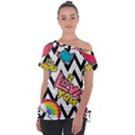 Vector Romantic Love Seamless Pattern Off Shoulder Tie-Up T-Shirt