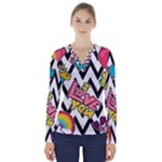 Vector Romantic Love Seamless Pattern V-Neck Long Sleeve Top