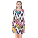 Vector Romantic Love Seamless Pattern Long Sleeve V-neck Flare Dress