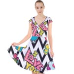 Vector Romantic Love Seamless Pattern Cap Sleeve Front Wrap Midi Dress