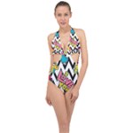 Vector Romantic Love Seamless Pattern Halter Front Plunge Swimsuit