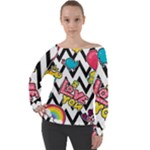 Vector Romantic Love Seamless Pattern Off Shoulder Long Sleeve Velour Top
