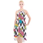 Vector Romantic Love Seamless Pattern High-Low Halter Chiffon Dress 