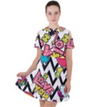 Vector Romantic Love Seamless Pattern Short Sleeve Shoulder Cut Out Dress 