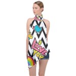 Vector Romantic Love Seamless Pattern Halter Asymmetric Satin Top