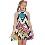 Vector Romantic Love Seamless Pattern Kids  Halter Collar Waist Tie Chiffon Dress