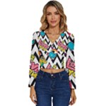 Vector Romantic Love Seamless Pattern Long Sleeve V-Neck Top