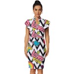 Vector Romantic Love Seamless Pattern Vintage Frill Sleeve V-Neck Bodycon Dress