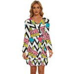Vector Romantic Love Seamless Pattern Long Sleeve Waist Tie Ruffle Velvet Dress