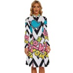 Vector Romantic Love Seamless Pattern Long Sleeve Shirt Collar A-Line Dress