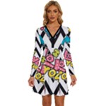 Vector Romantic Love Seamless Pattern Long Sleeve Deep V Mini Dress 