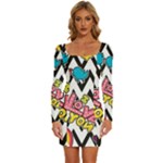 Vector Romantic Love Seamless Pattern Long Sleeve Square Neck Bodycon Velvet Dress