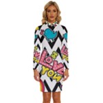 Vector Romantic Love Seamless Pattern Long Sleeve Shirt Collar Bodycon Dress