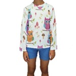 Forest Seamless Pattern With Cute Owls Kids  Long Sleeve Swimwear