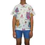 Forest Seamless Pattern With Cute Owls Kids  Short Sleeve Swimwear