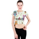 Forest Seamless Pattern With Cute Owls Crew Neck Crop Top