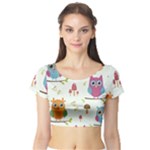 Forest Seamless Pattern With Cute Owls Short Sleeve Crop Top