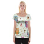 Forest Seamless Pattern With Cute Owls Cap Sleeve Top
