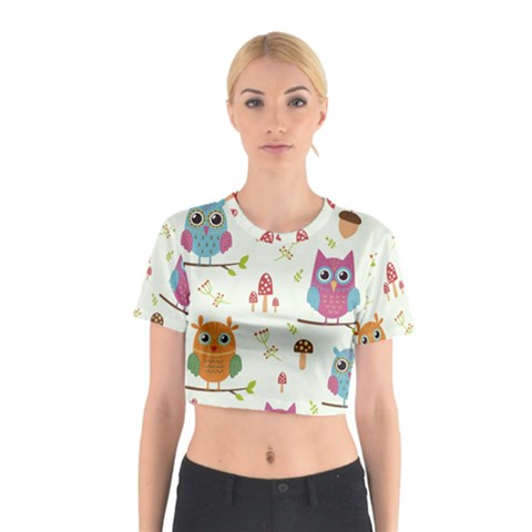 Forest Seamless Pattern With Cute Owls Cotton Crop Top from ArtsNow.com
