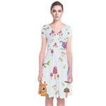 Forest Seamless Pattern With Cute Owls Short Sleeve Front Wrap Dress