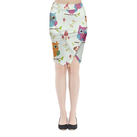 Forest Seamless Pattern With Cute Owls Midi Wrap Pencil Skirt from ArtsNow.com