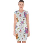 Forest Seamless Pattern With Cute Owls Capsleeve Drawstring Dress 