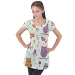 Forest Seamless Pattern With Cute Owls Puff Sleeve Tunic Top