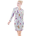 Forest Seamless Pattern With Cute Owls Button Long Sleeve Dress