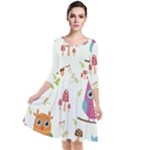 Forest Seamless Pattern With Cute Owls Quarter Sleeve Waist Band Dress