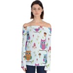 Forest Seamless Pattern With Cute Owls Off Shoulder Long Sleeve Top