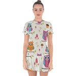 Forest Seamless Pattern With Cute Owls Drop Hem Mini Chiffon Dress
