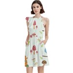 Forest Seamless Pattern With Cute Owls Cocktail Party Halter Sleeveless Dress With Pockets