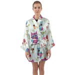 Forest Seamless Pattern With Cute Owls Long Sleeve Satin Kimono