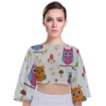Forest Seamless Pattern With Cute Owls Tie Back Butterfly Sleeve Chiffon Top