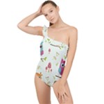Forest Seamless Pattern With Cute Owls Frilly One Shoulder Swimsuit