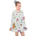 Forest Seamless Pattern With Cute Owls Kids  Long Sleeve Dress