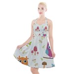 Forest Seamless Pattern With Cute Owls Halter Party Swing Dress 